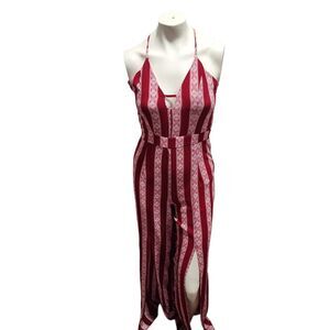 Crystal Sky Red Striped Boho Halter Jumpsuit Size 5 Women’s Criss Cross Back